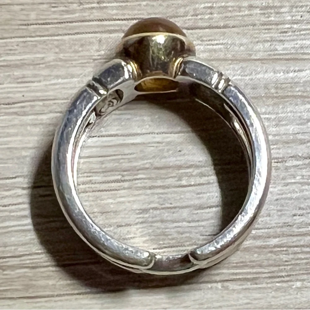Designer Hallmarked M Sterling Silver & 18K Gold Bezel Set Citrine Ring, Size 6